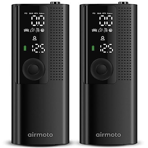 Airmoto Tire Inflator Portable Air Compressor - Air Pump for Car Tires with Digital Pressure Gauge, LED Light and Auto Shut-Off Function - Cordless Pump for Car, Motorcycle, Bicycle, Balls and More