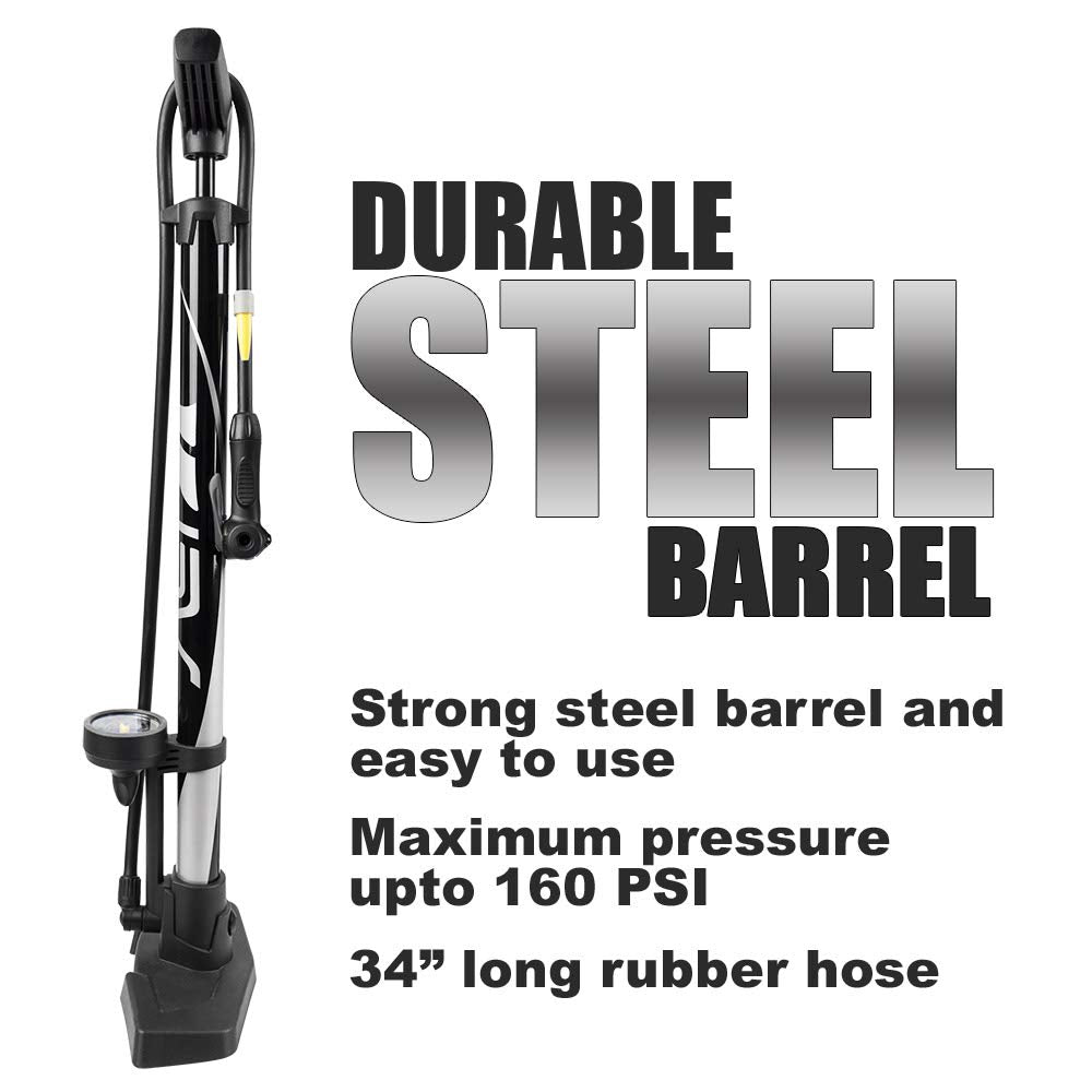 BV Bicycle Pump Durable Bike Floor Pump 17/24 inch Smart Valve Head, 160 psi, Automatically Reversible Presta and Schrader