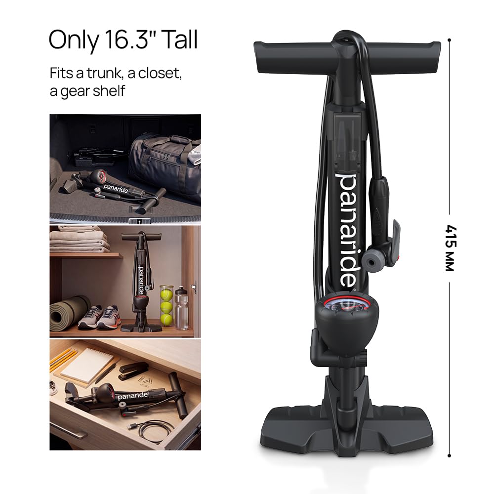 Bike Pump Floor, Advanced Bike Tire Inflator, Bicycle Hand Air Pump with Dual Presta and Schrader Valves, Handheld Pump, Suitable for Road and Mountain Bikes, Baby Stroller, Balls
