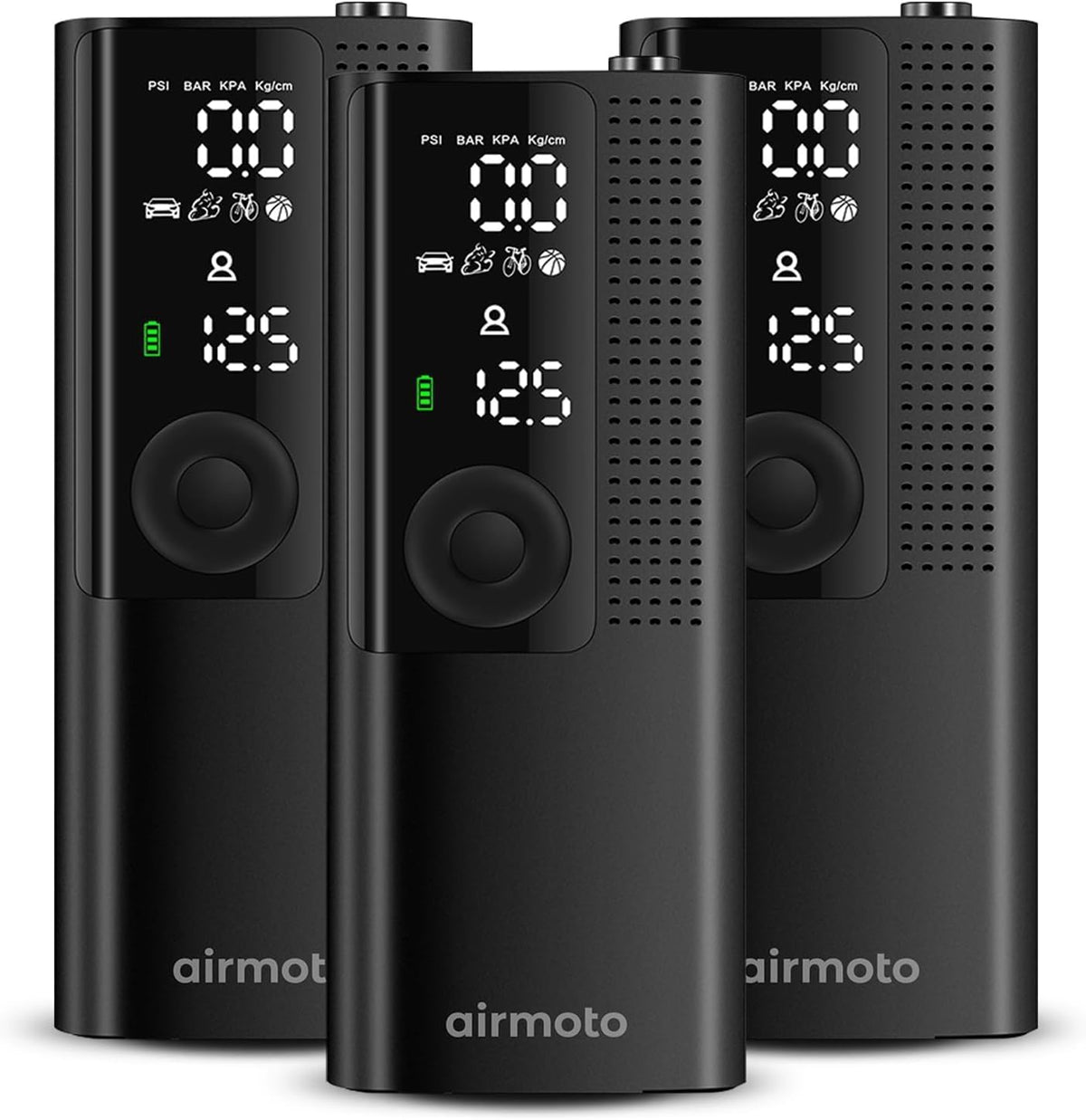 Airmoto Tire Inflator Portable Air Compressor - Air Pump for Car Tires with Digital Pressure Gauge, LED Light and Auto Shut-Off Function - Cordless Pump for Car, Motorcycle, Bicycle, Balls and More