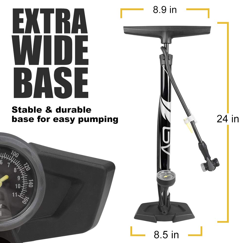 BV Bicycle Pump Durable Bike Floor Pump 17/24 inch Smart Valve Head, 160 psi, Automatically Reversible Presta and Schrader