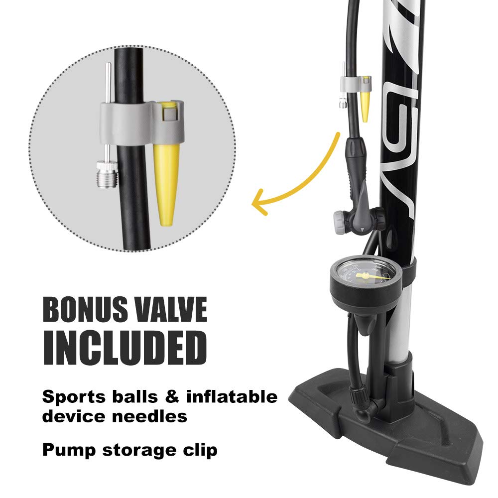 BV Bicycle Pump Durable Bike Floor Pump 17/24 inch Smart Valve Head, 160 psi, Automatically Reversible Presta and Schrader