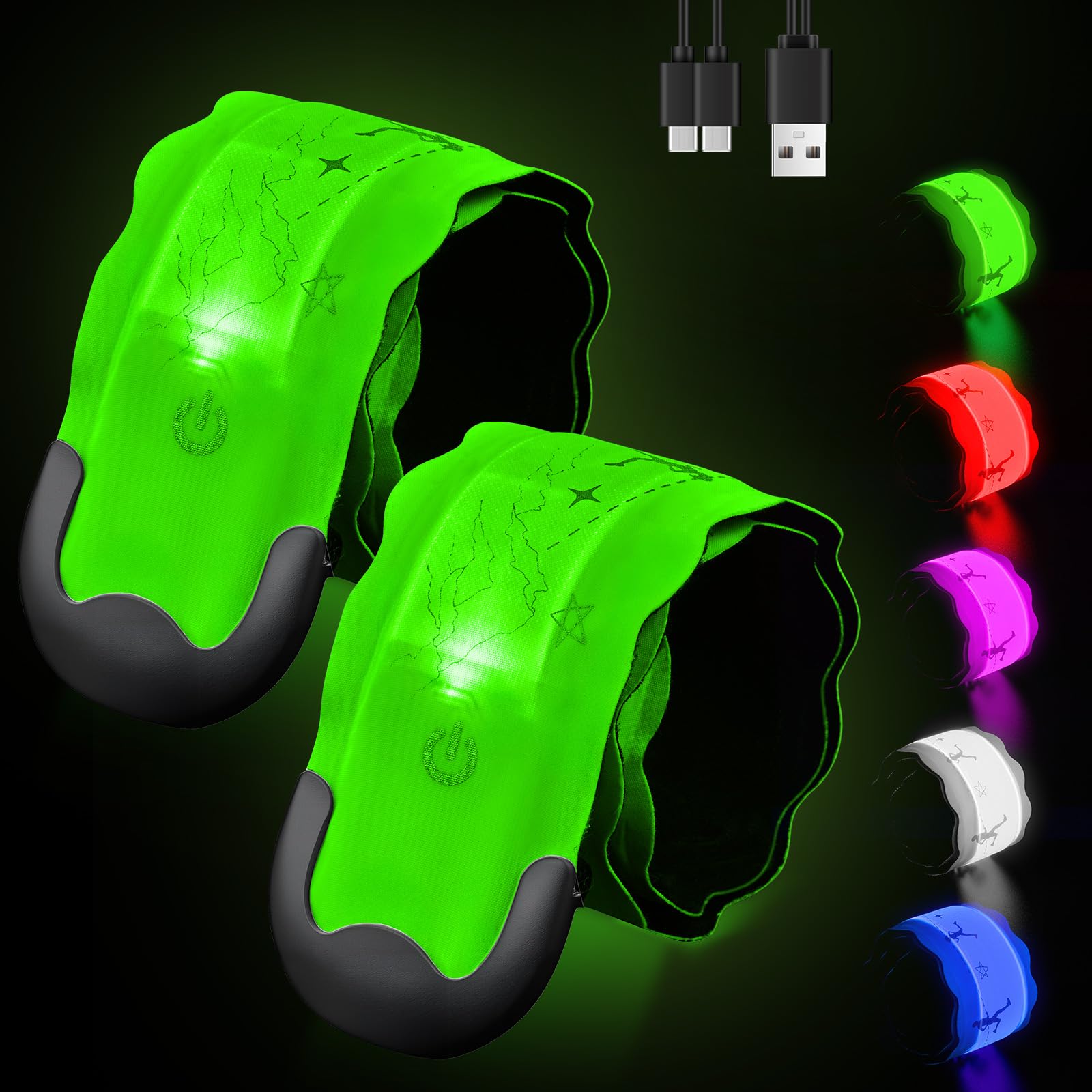 Fitense Rechargeable LED Armband 2-Pack, High Visibility Reflective Running Gear for Night Safety, 5 Colors & 3 Modes Light Up Armbands for Night Walking, Cycling, Running Gift for Women Men