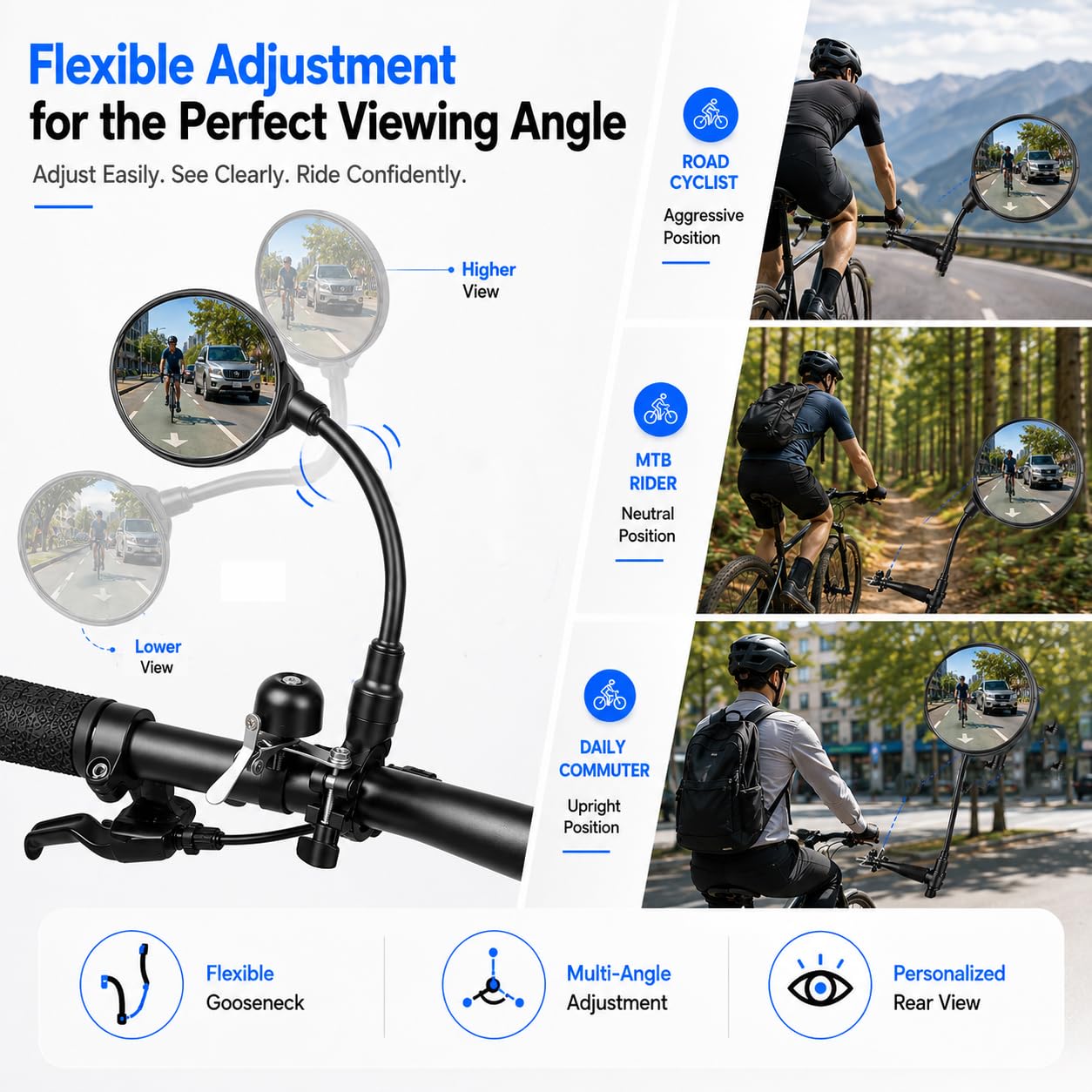 Convex Handlebar Bike Mirror with Integrated Bicycle Bell