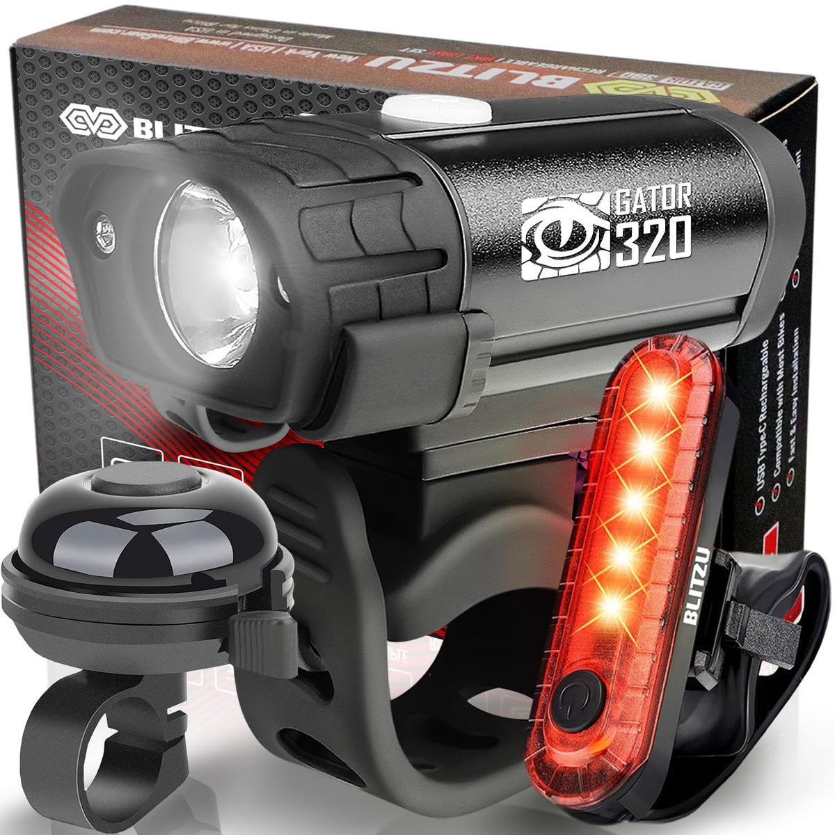 USB Rechargeable Front & Rear Bike Light Set with Bell