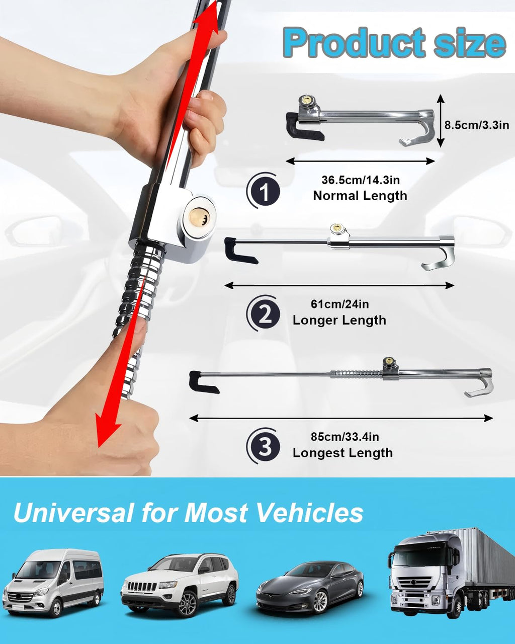HMYMYHM Universal Anti-Theft Steering Wheel Brake Lock Telescopic Double Hook Car Clutch Pedal Lock Suitable for Car Truck SUV Truck Security Maximum 34 Inch
