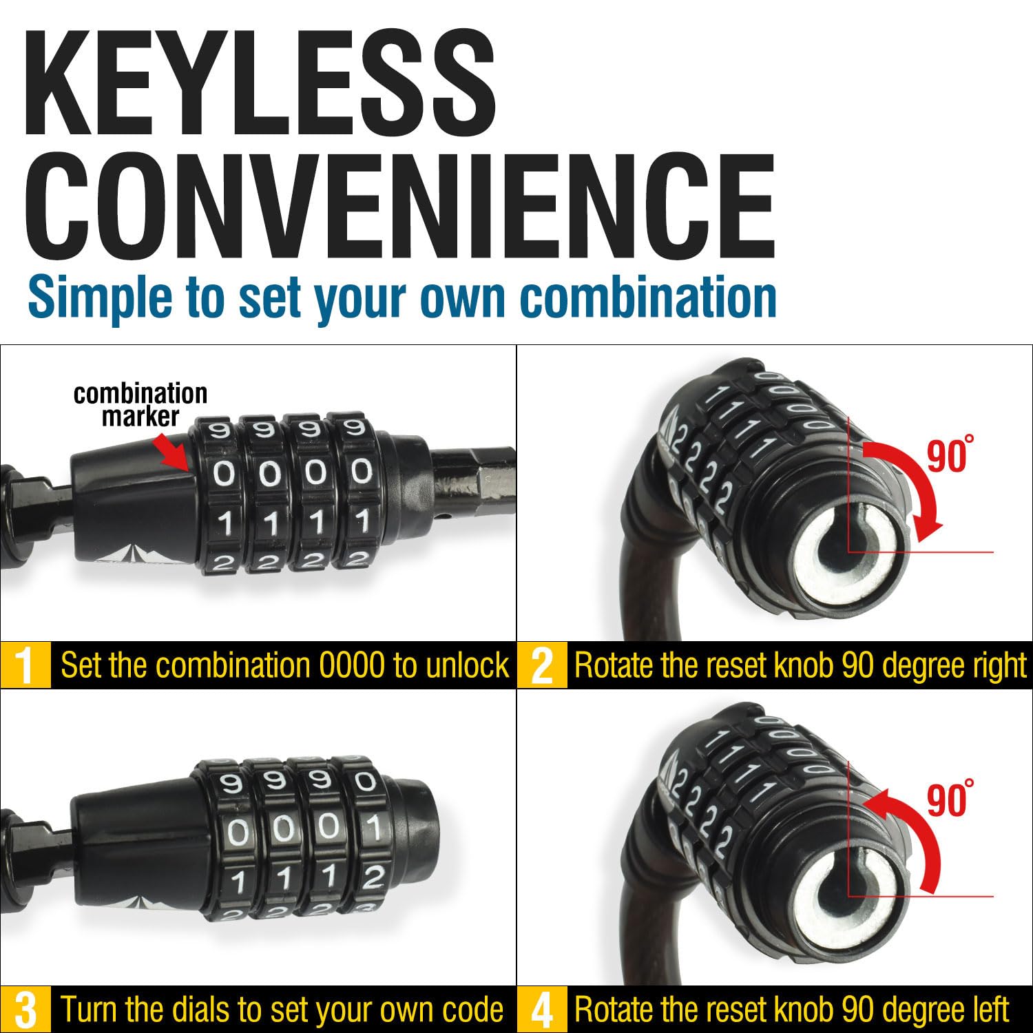 MARQUE Straight Combination Bike Lock Cable - 3/8 inch (5FT, 10FT, 15FT, 25FT) Resettable Combination Lock, Anti-Theft Security Cable for Bicycles, Kayaks, Paddle Boards and Outdoor Gear