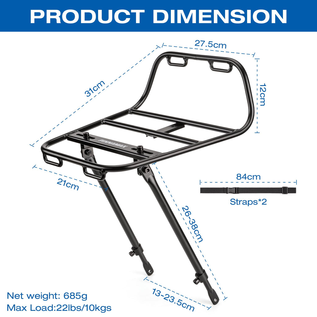 Bike Front Rack - Front Bicycle Cargo Rack with Struts - Front Mount Aluminium Pizza Rack Bike Rack for Mountain, Gravel,Touring Bikes