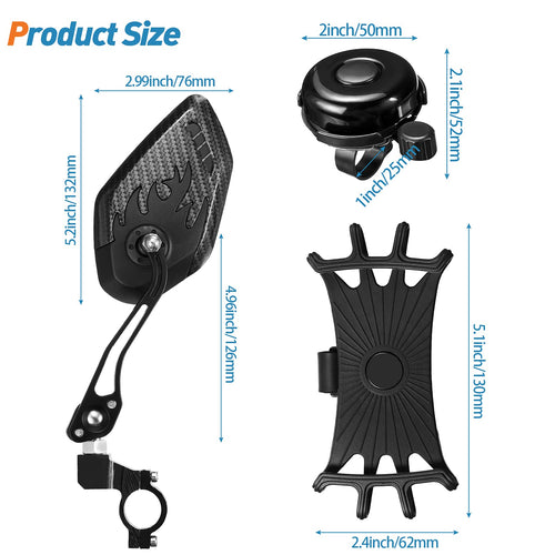 4 Pcs Bike Accessories Set – Adjustable Rear View Bike Mirror, 360° Phone Holder, Loud Bicycle Bell, Handlebar Mount Cycling Kit for Mountain Road Bikes