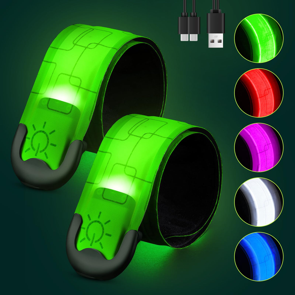 Fitense Rechargeable LED Armband 2-Pack, High Visibility Reflective Running Gear for Night Safety, 5 Colors & 3 Modes Light Up Armbands for Night Walking, Cycling, Running Gift for Women Men