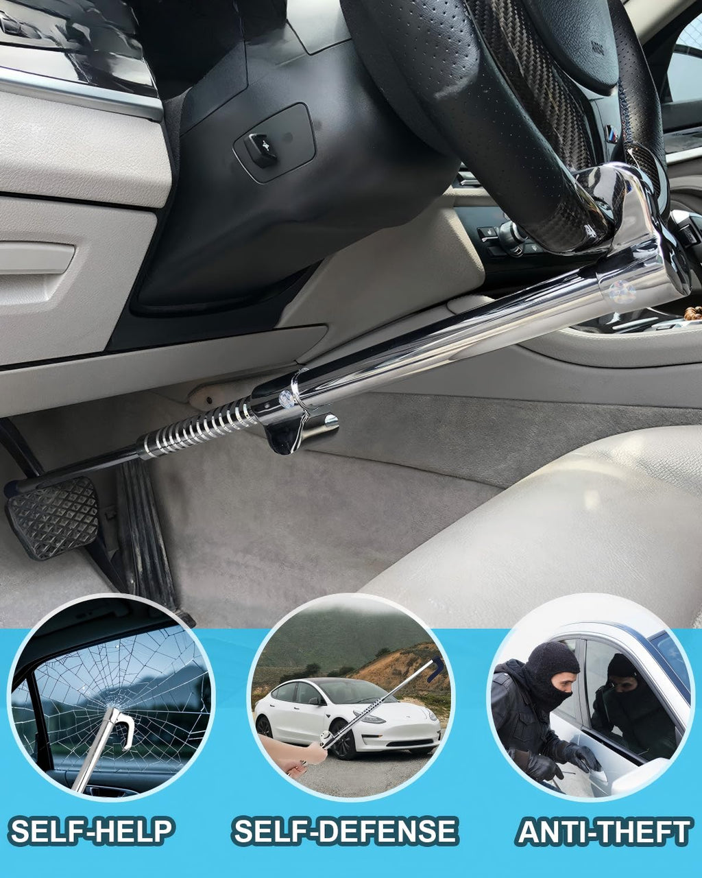 HMYMYHM Universal Anti-Theft Steering Wheel Brake Lock Telescopic Double Hook Car Clutch Pedal Lock Suitable for Car Truck SUV Truck Security Maximum 34 Inch