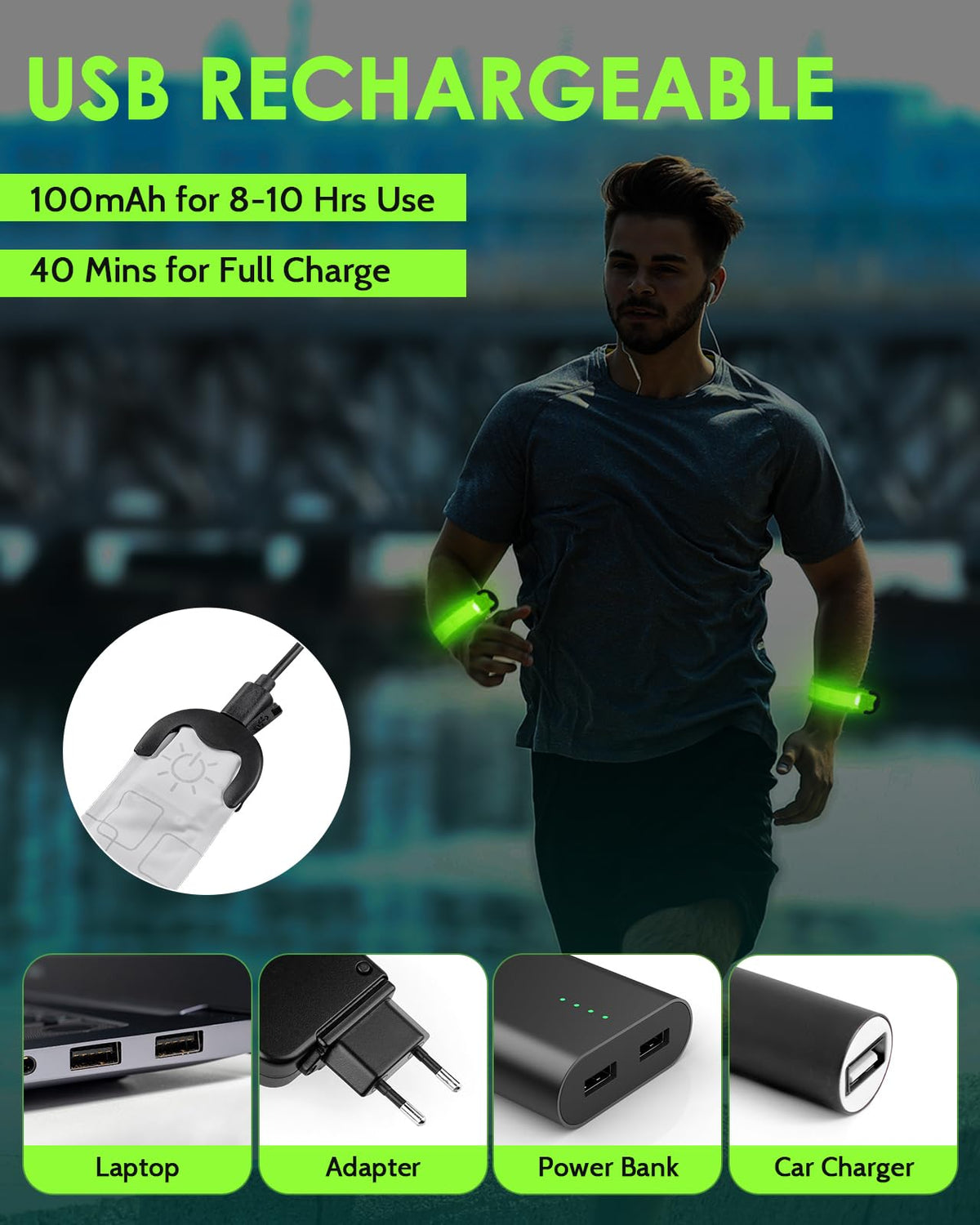 Fitense Rechargeable LED Armband 2-Pack, High Visibility Reflective Running Gear for Night Safety, 5 Colors & 3 Modes Light Up Armbands for Night Walking, Cycling, Running Gift for Women Men