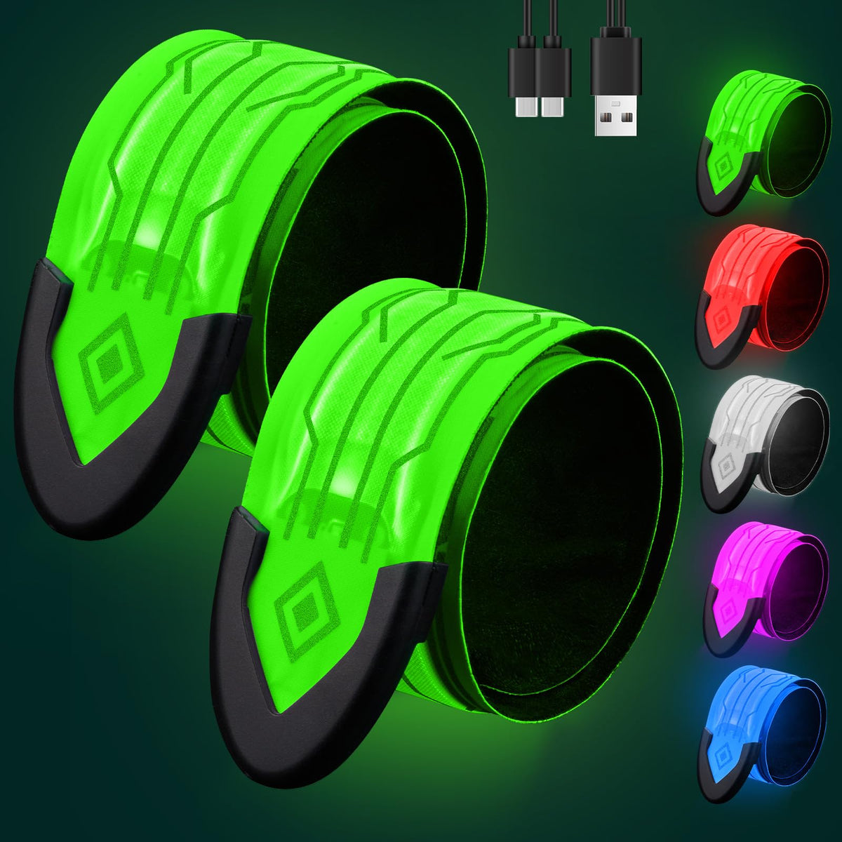 Fitense Rechargeable LED Armband 2-Pack, High Visibility Reflective Running Gear for Night Safety, 5 Colors & 3 Modes Light Up Armbands for Night Walking, Cycling, Running Gift for Women Men