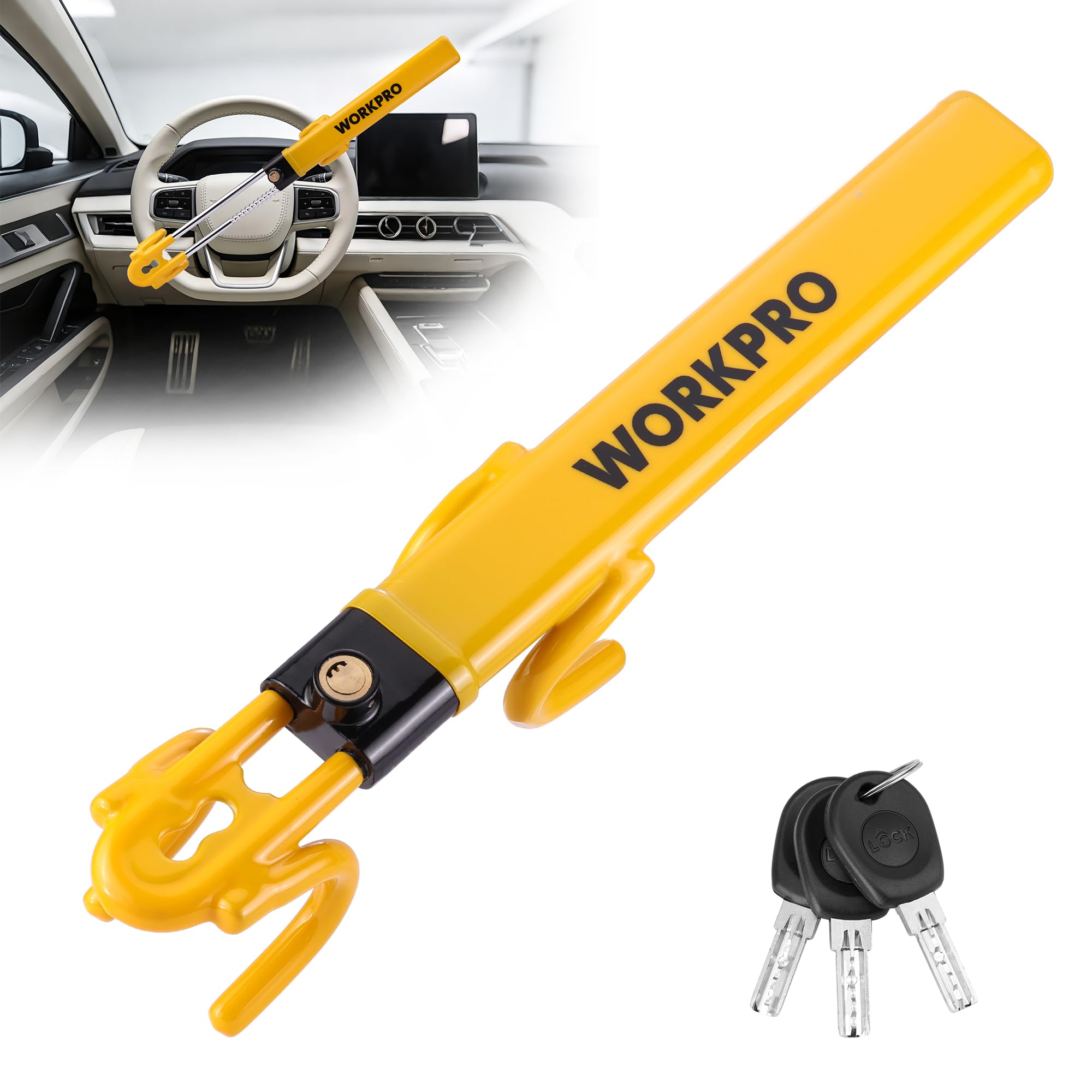 WORKPRO Heavy-Duty Steering Wheel Lock, Anti-Theft Device, Universal Fit