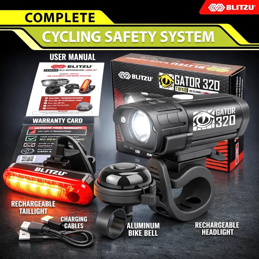 USB Rechargeable Bike Lights Set with Bell, LED Bicycle Front Rear Light