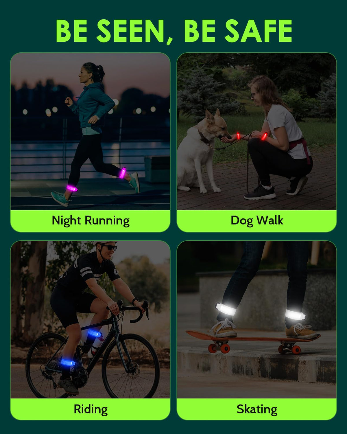 Fitense Rechargeable LED Armband 2-Pack, High Visibility Reflective Running Gear for Night Safety, 5 Colors & 3 Modes Light Up Armbands for Night Walking, Cycling, Running Gift for Women Men