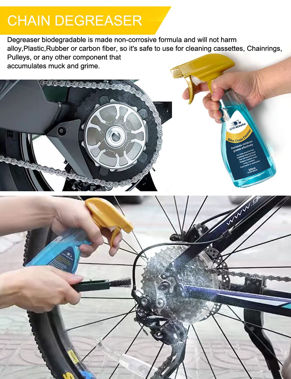 Ultrafashs Bike Cleaning Kit - Complete Bicycle Maintenance Set with Degreaser, Lubricant, Chain Scrubber & Brushes for Mountain, Road, MTB, E-bikes