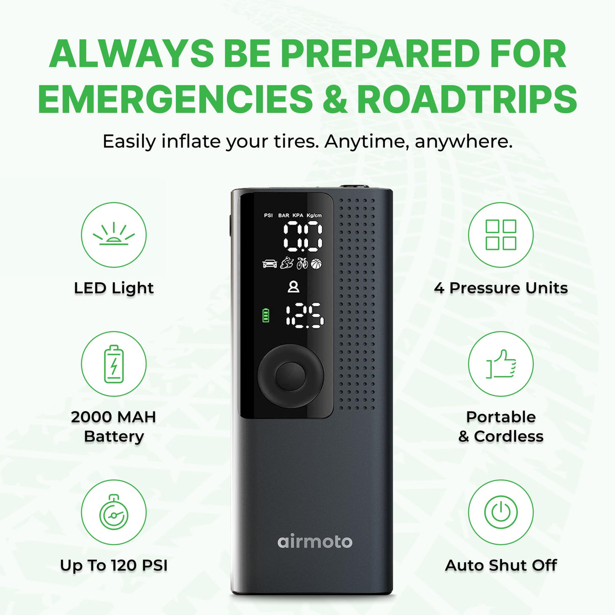 Airmoto Tire Inflator Portable Air Compressor - Air Pump for Car Tires with Digital Pressure Gauge, LED Light and Auto Shut-Off Function - Cordless Pump for Car, Motorcycle, Bicycle, Balls and More