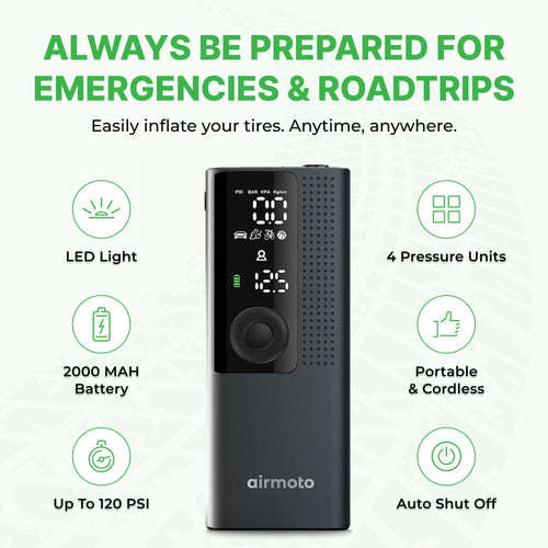 Airmoto Tire Inflator Portable Air Compressor - Air Pump for Car Tires with Digital Pressure Gauge, LED Light and Auto Shut-Off Function - Cordless Pump for Car, Motorcycle, Bicycle, Balls and More