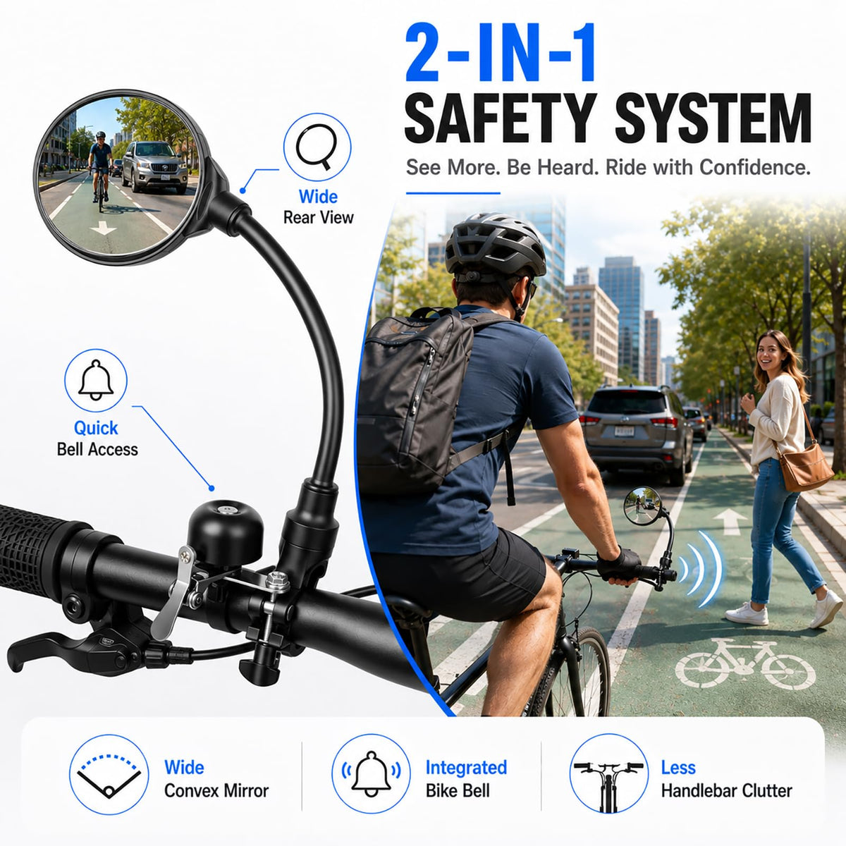 Convex Handlebar Bike Mirror with Integrated Bicycle Bell