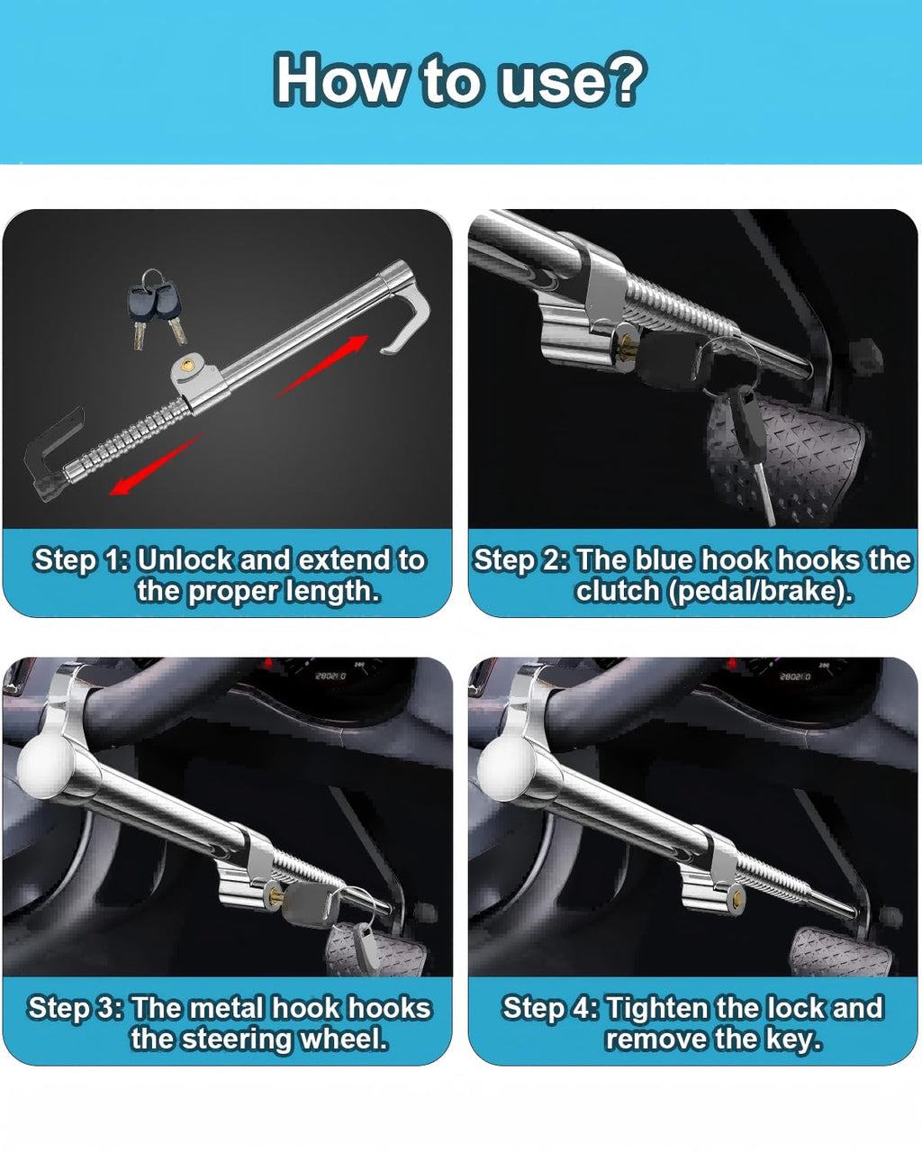 HMYMYHM Universal Anti-Theft Steering Wheel Brake Lock Telescopic Double Hook Car Clutch Pedal Lock Suitable for Car Truck SUV Truck Security Maximum 34 Inch