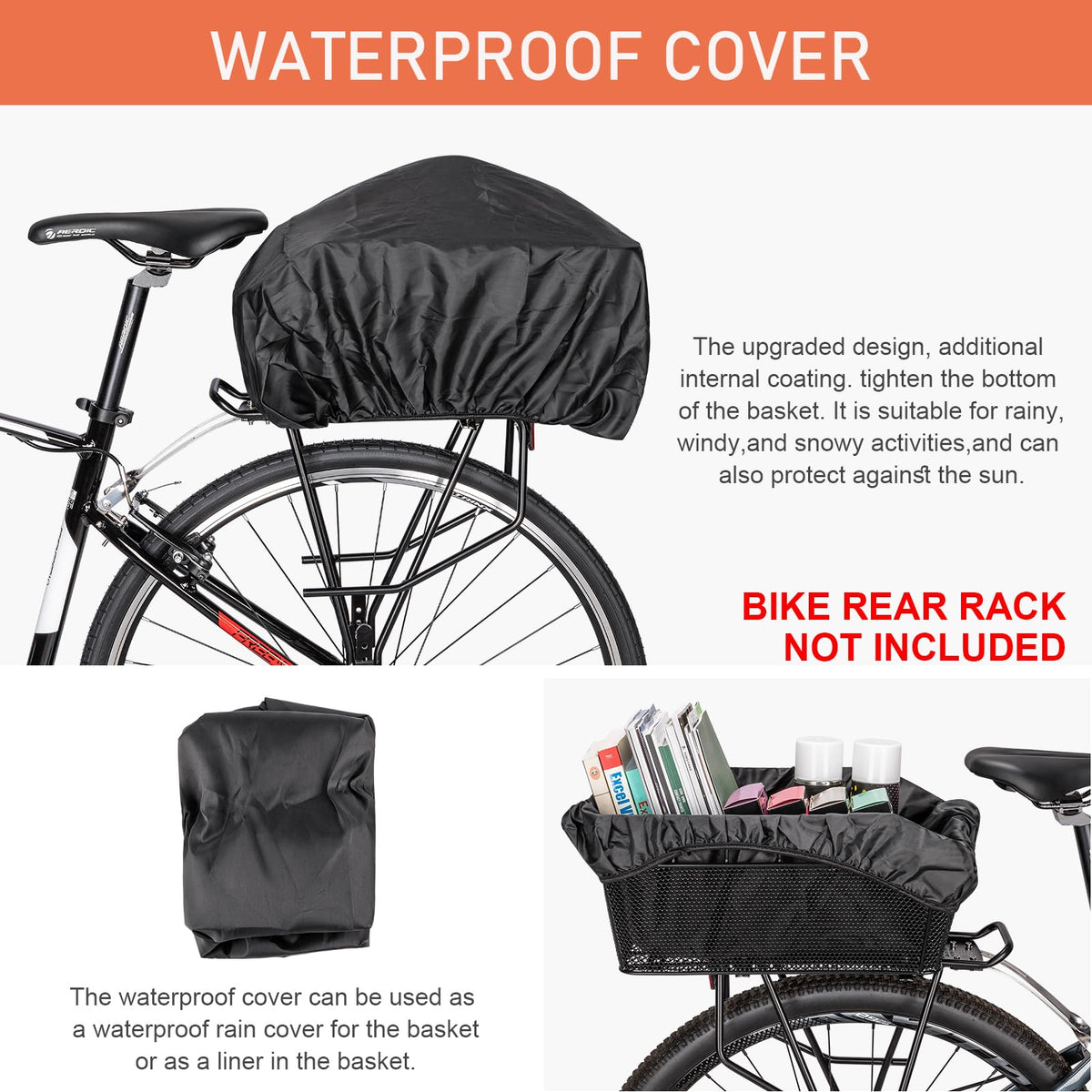 Rear Bike Basket - Bicycle Rear Basket with Cargo Net and Waterproof Cover