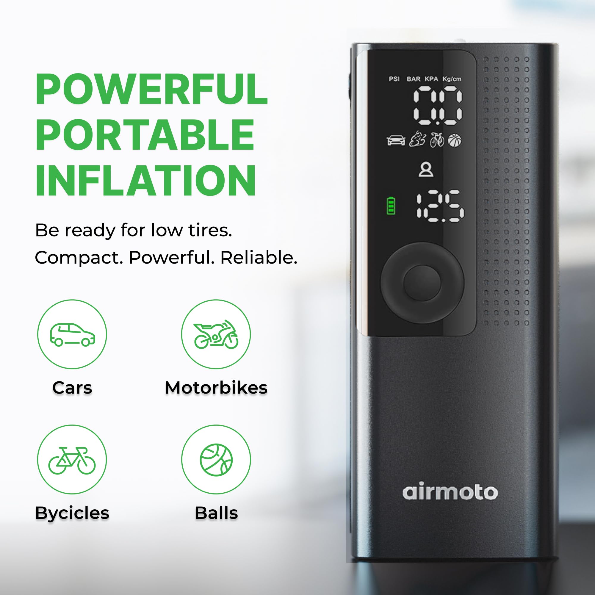 Airmoto Tire Inflator Portable Air Compressor - Air Pump for Car Tires with Digital Pressure Gauge, LED Light and Auto Shut-Off Function - Cordless Pump for Car, Motorcycle, Bicycle, Balls and More