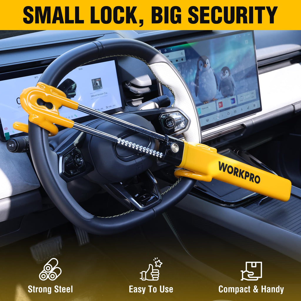 WORKPRO Heavy-Duty Steering Wheel Lock, Anti-Theft Device, Universal Fit