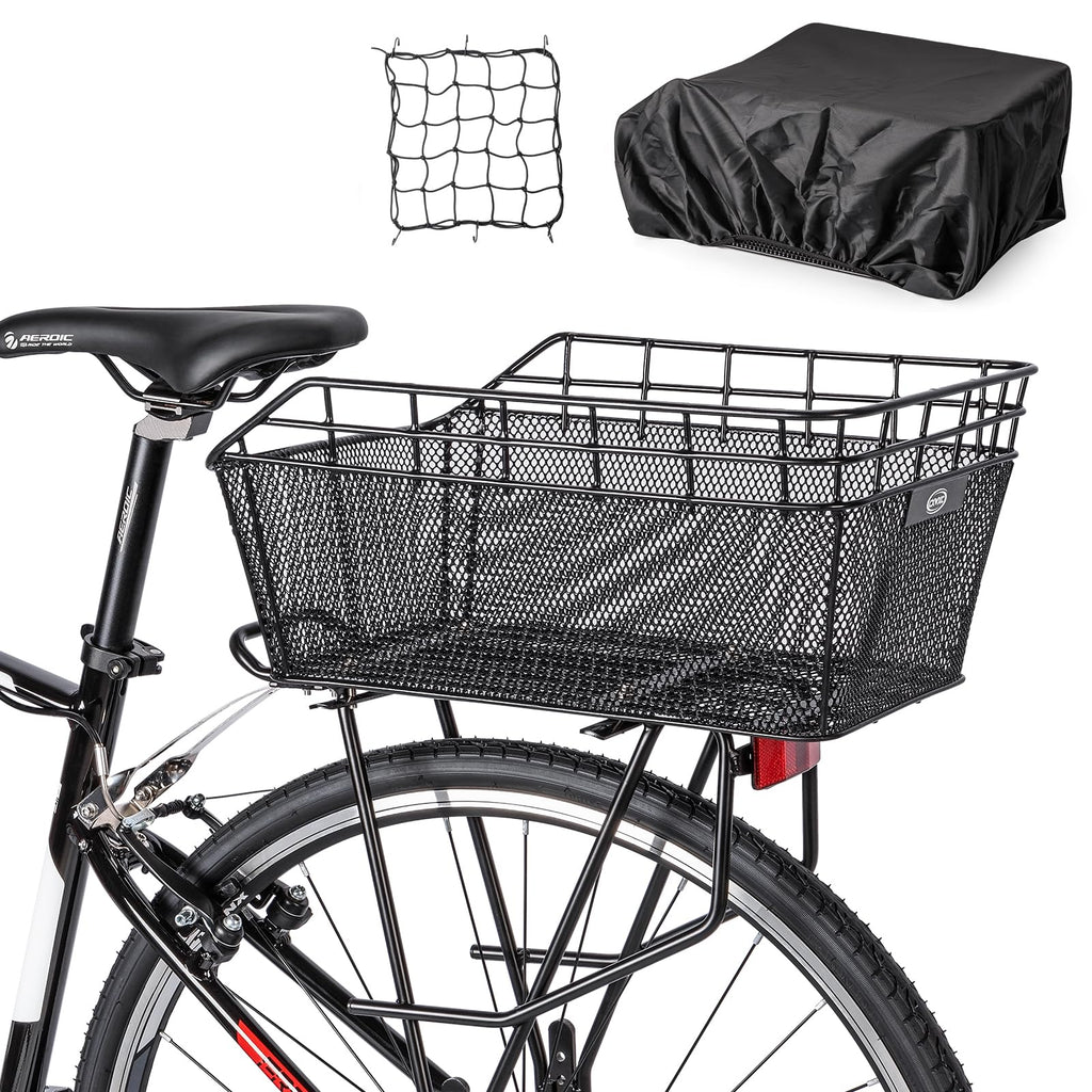 Rear Bike Basket - Bicycle Rear Basket with Cargo Net and Waterproof Cover