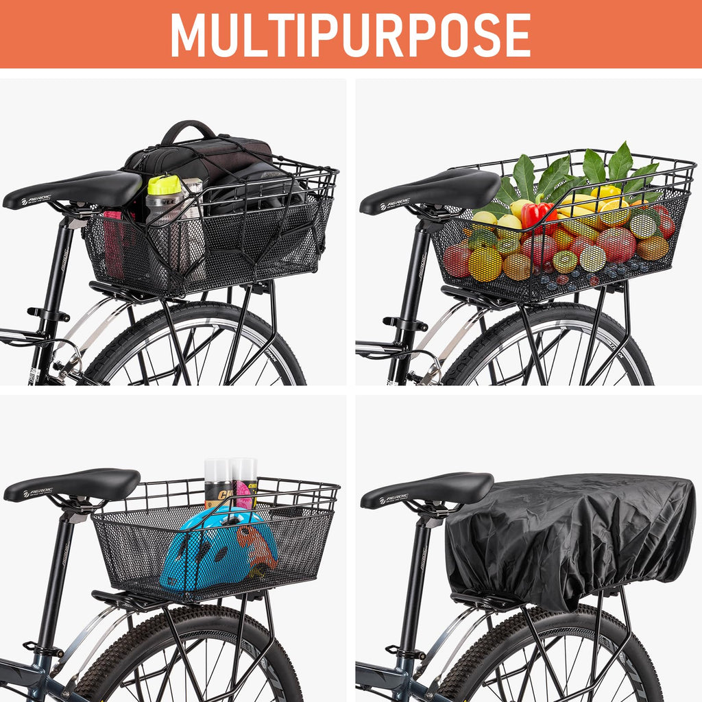 Rear Bike Basket - Bicycle Rear Basket with Cargo Net and Waterproof Cover