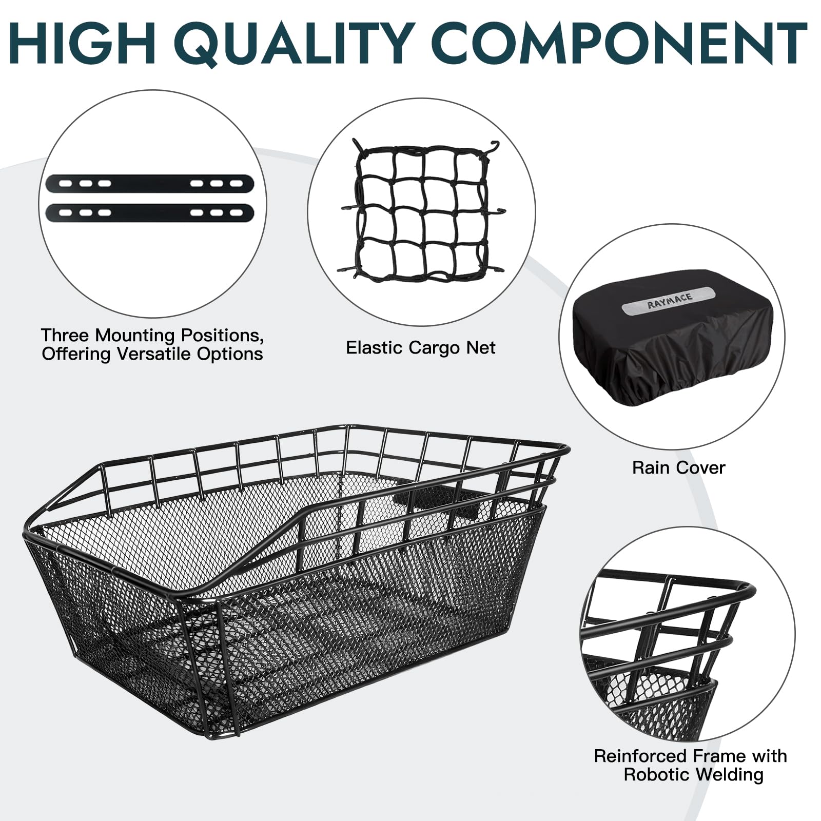 RAYMACE Bike Basket Rear with Cargo Net and Waterproof Cover, Wire Bicycle Basket Large Capacity Storage, Fits for Most Bicycle and Electric Bike with Rear Rack