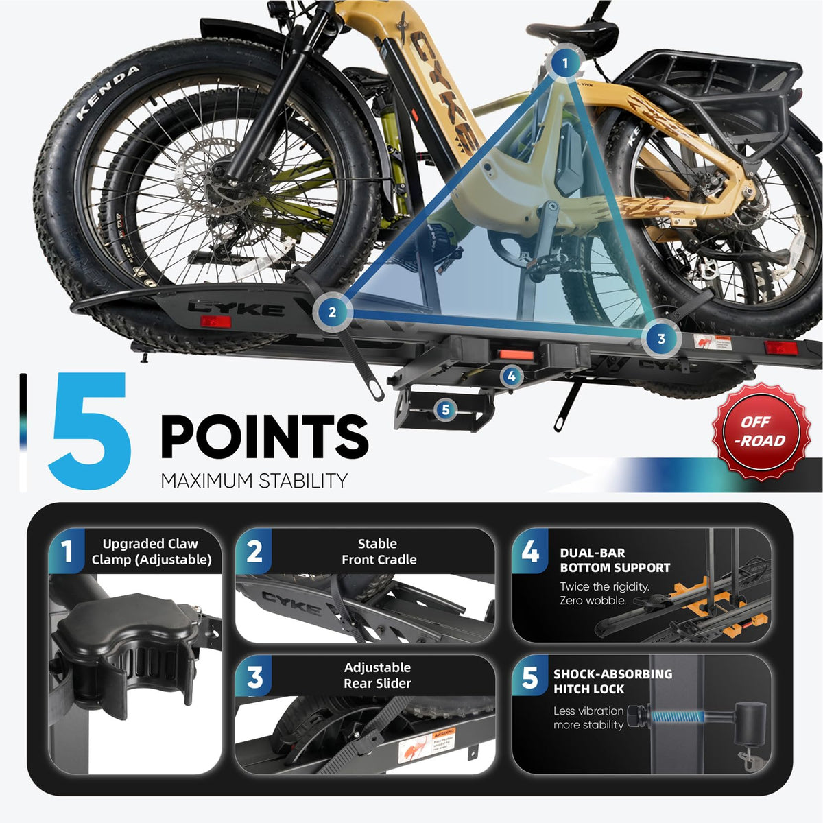 CYKE Oxen W Hitch Ebike Rack 2-Bike, 200lbs, Slide-Out Ramp, 5" Fat Tire