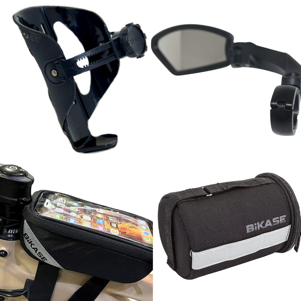 Bicycle Essentials - Includes Adjustable Bottle Holder, Universal Phone Holder Bag, Handle bar Bag and Bike Mirror - All Included.