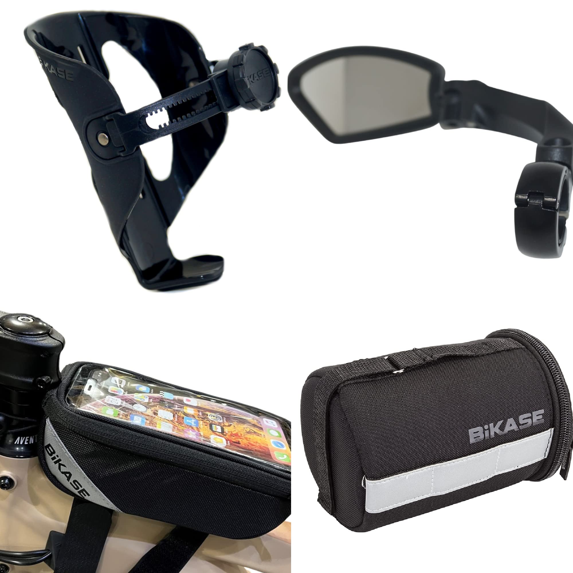 Bicycle Essentials - Includes Adjustable Bottle Holder, Universal Phone Holder Bag, Handle bar Bag and Bike Mirror - All Included.