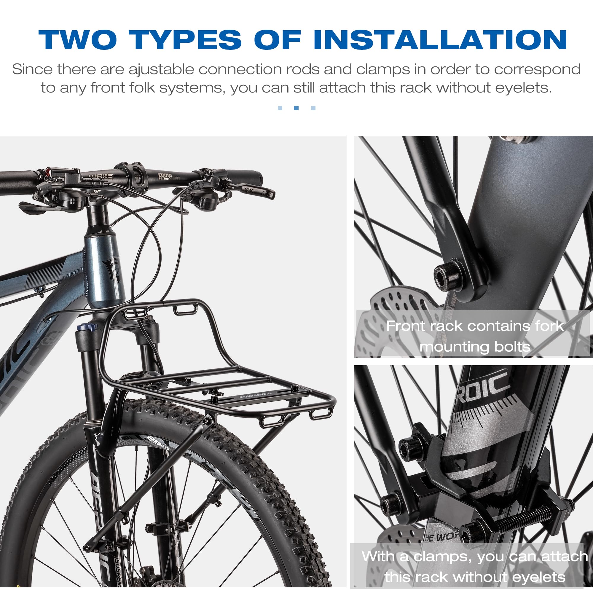 Bike Front Rack - Front Bicycle Cargo Rack with Struts - Front Mount Aluminium Pizza Rack Bike Rack for Mountain, Gravel,Touring Bikes
