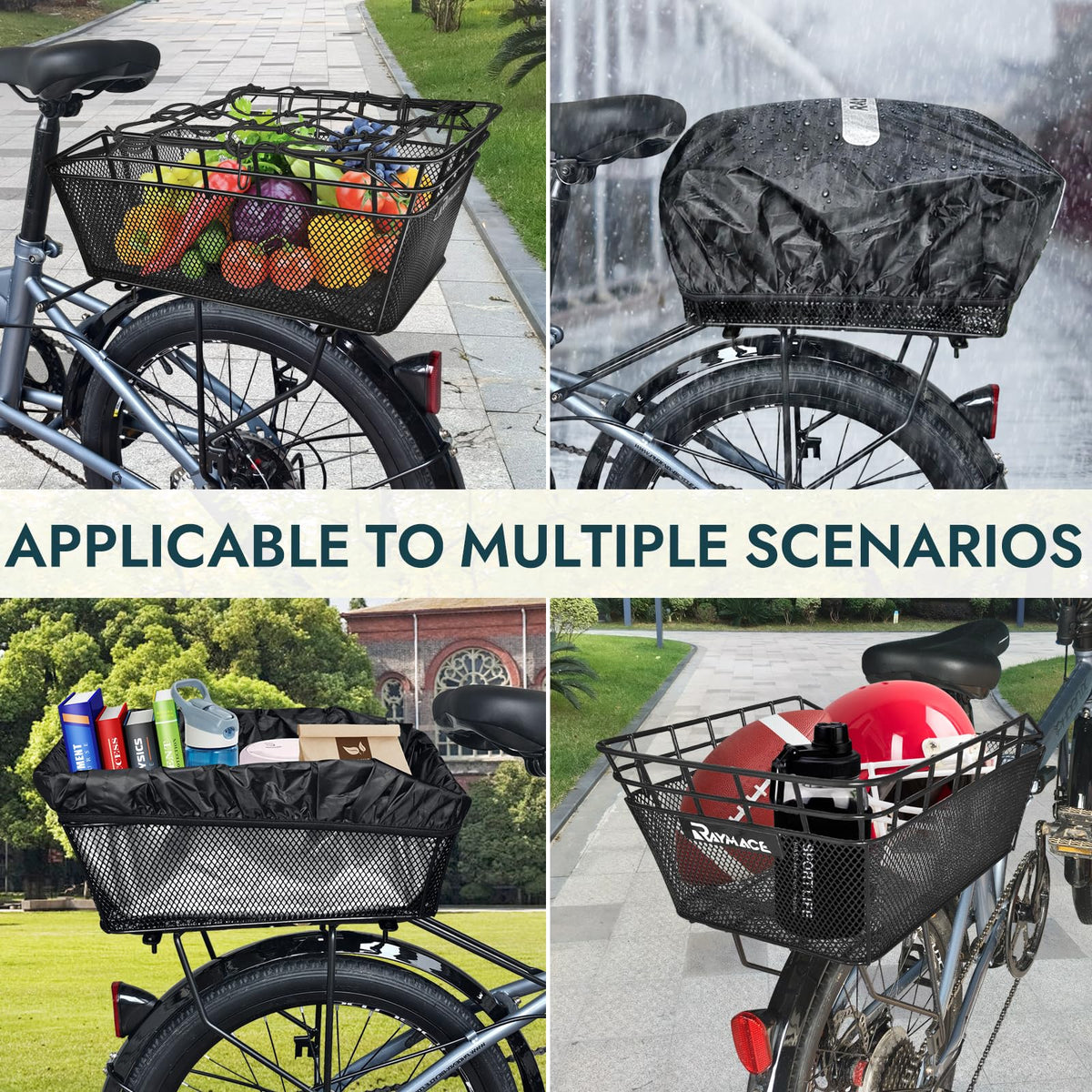 RAYMACE Bike Basket Rear with Cargo Net and Waterproof Cover, Wire Bicycle Basket Large Capacity Storage, Fits for Most Bicycle and Electric Bike with Rear Rack