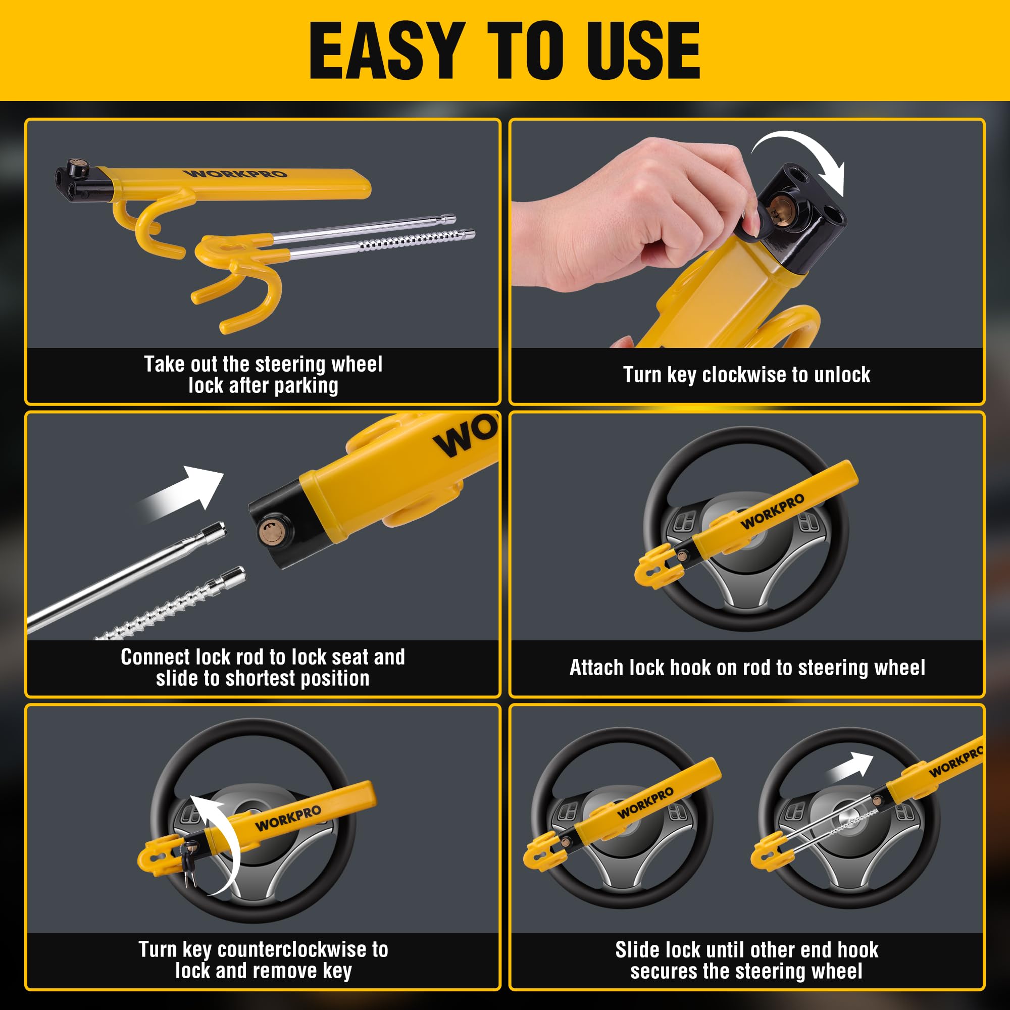 WORKPRO Heavy-Duty Steering Wheel Lock, Anti-Theft Device, Universal Fit