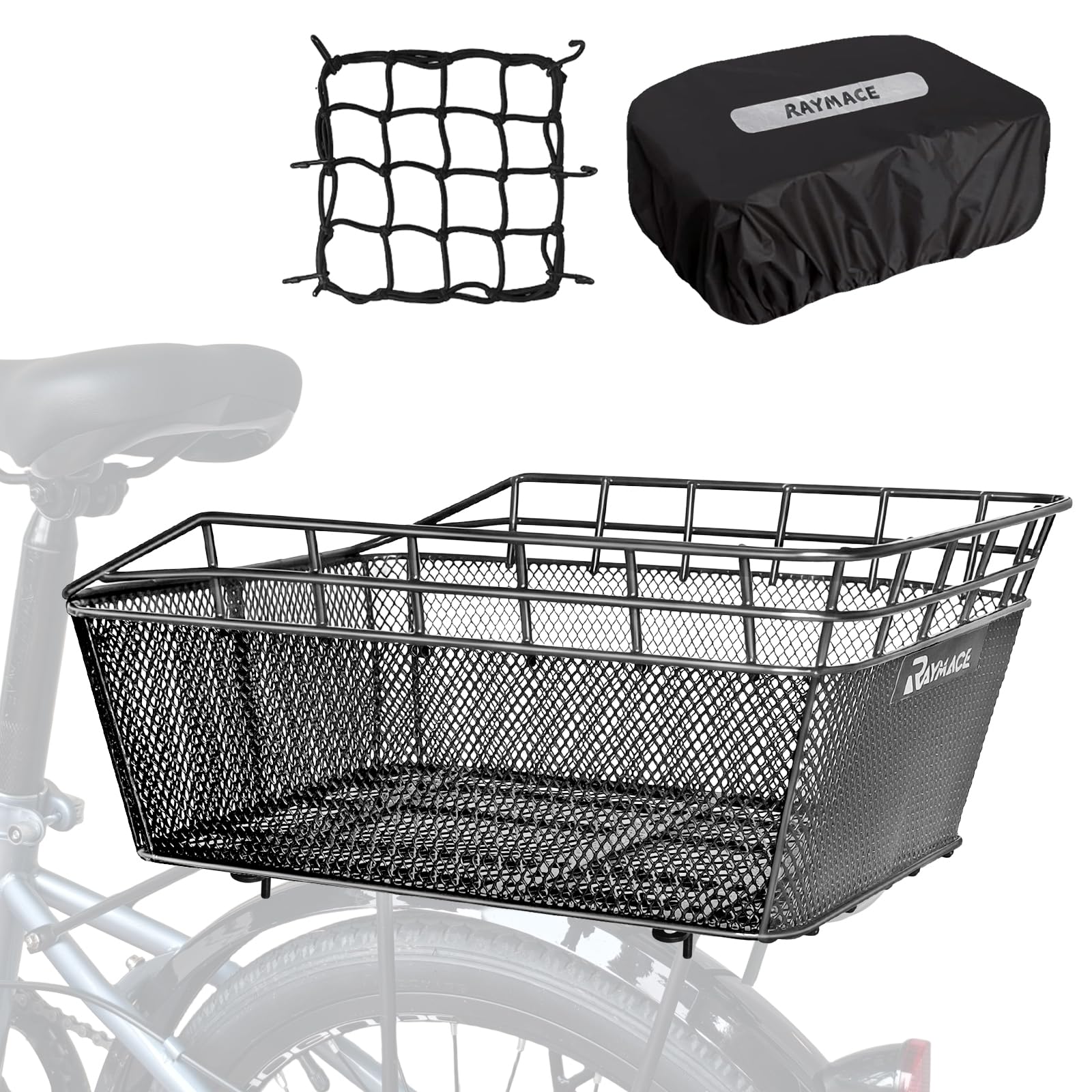 RAYMACE Bike Basket Rear with Cargo Net and Waterproof Cover, Wire Bicycle Basket Large Capacity Storage, Fits for Most Bicycle and Electric Bike with Rear Rack