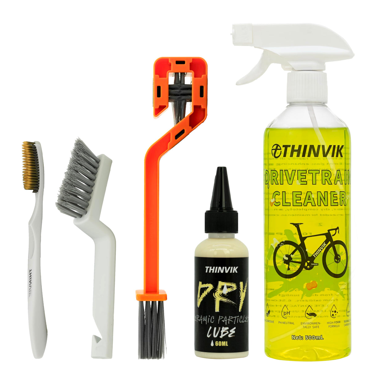 Thinvik Bike Lube and Cleaner Set with 500ml Chain Cleaner, 60ml Dry Lubricant and 4 Brush Tools for Cleaning Chains, Chainrings, Freewheel/Cassette(Dry Lube)