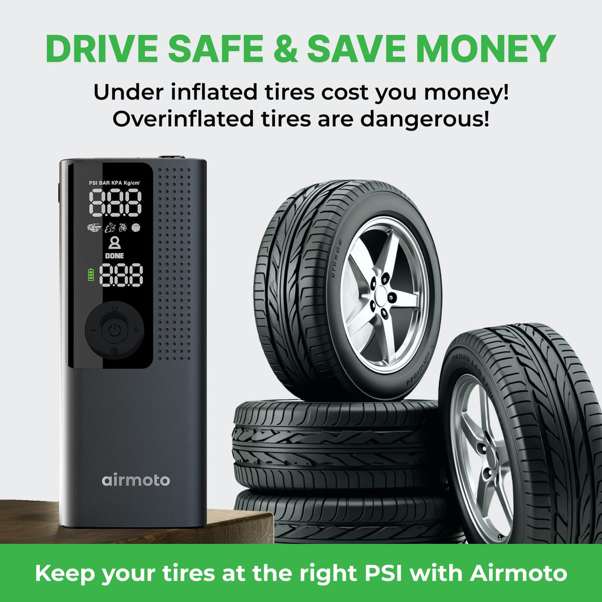 Airmoto Tire Inflator Portable Air Compressor - Air Pump for Car Tires with Digital Pressure Gauge, LED Light and Auto Shut-Off Function - Cordless Pump for Car, Motorcycle, Bicycle, Balls and More