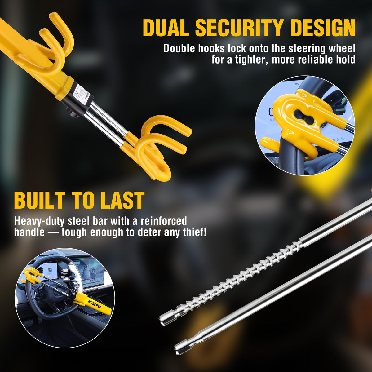 WORKPRO Heavy-Duty Steering Wheel Lock, Anti-Theft Device, Universal Fit