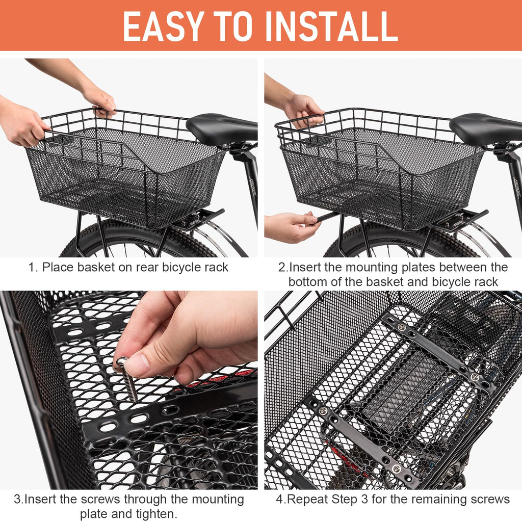 Rear Bike Basket - Bicycle Rear Basket with Cargo Net and Waterproof Cover