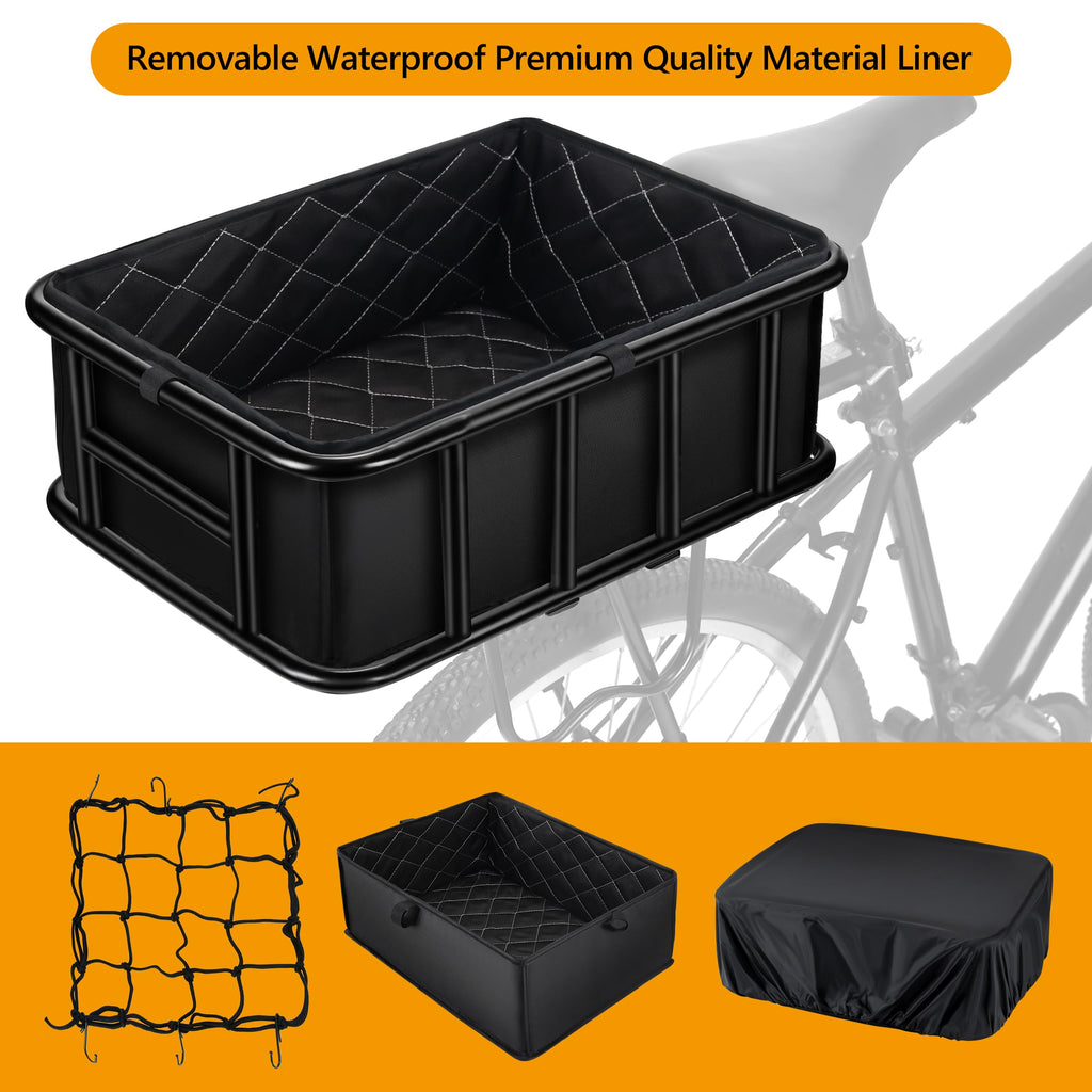 Rear Bike Rack with Basket - Rear Bike Basket for Mountain/Road Bicycle/Ebike Includes Liner/Net/Waterproof Cover for Carrying Pets/Fruit/Grocery- Quick Release