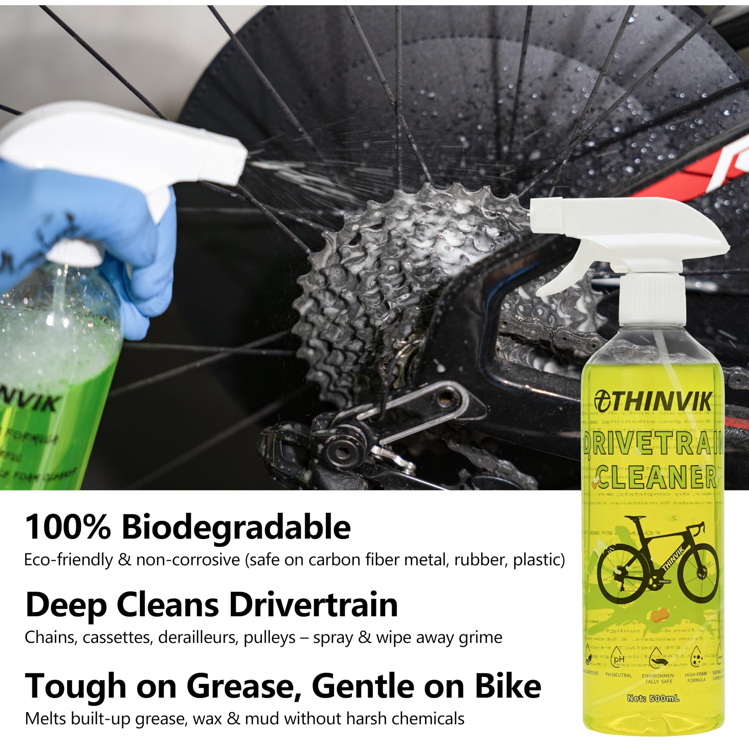Thinvik Bike Lube and Cleaner Set with 500ml Chain Cleaner, 60ml Dry Lubricant and 4 Brush Tools for Cleaning Chains, Chainrings, Freewheel/Cassette(Dry Lube)