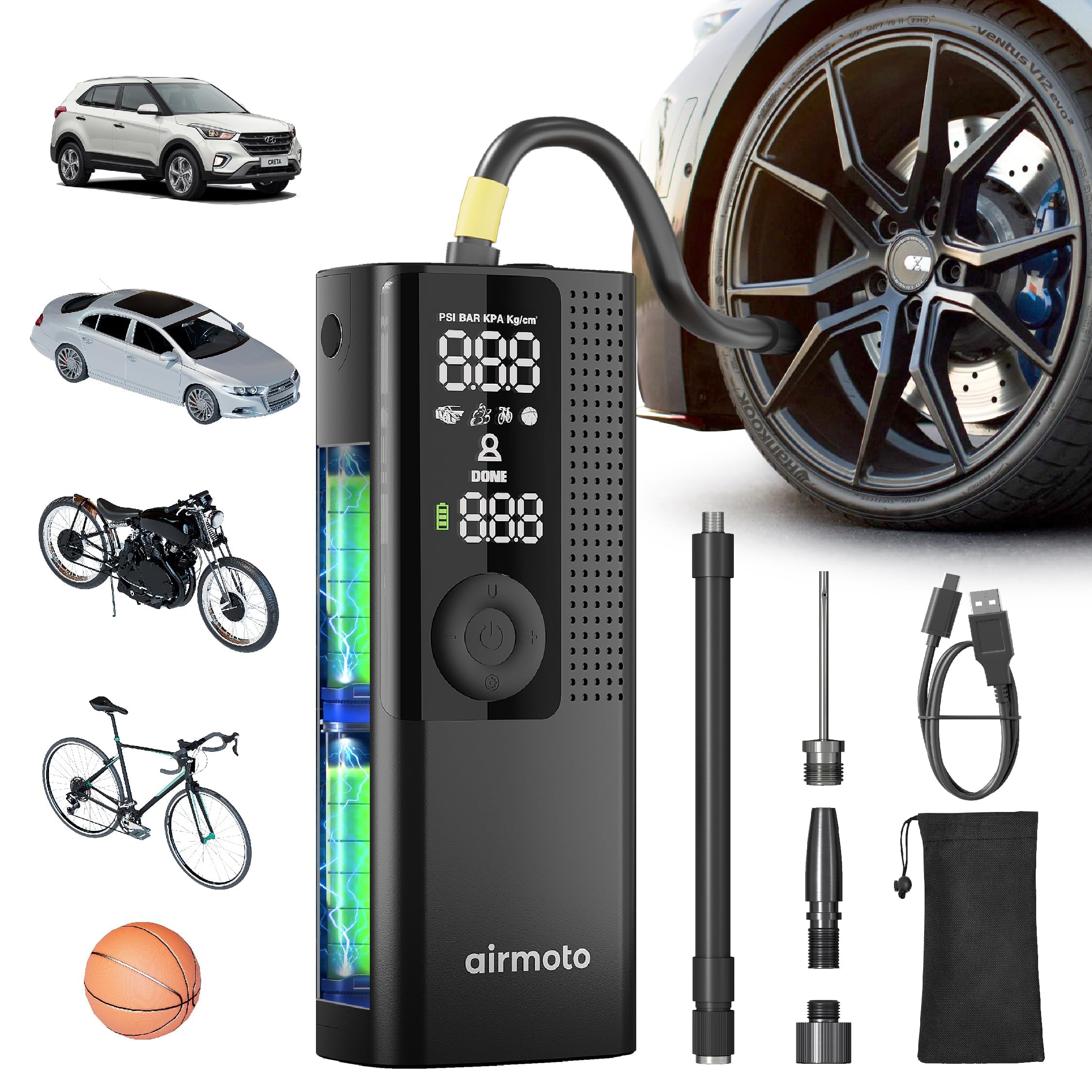 Airmoto Tire Inflator Portable Air Compressor - Air Pump for Car Tires with Digital Pressure Gauge, LED Light and Auto Shut-Off Function - Cordless Pump for Car, Motorcycle, Bicycle, Balls and More