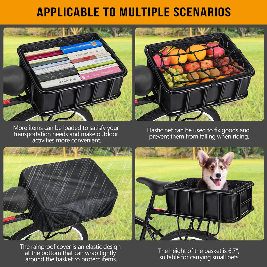 Rear Bike Rack with Basket - Rear Bike Basket for Mountain/Road Bicycle/Ebike Includes Liner/Net/Waterproof Cover for Carrying Pets/Fruit/Grocery- Quick Release