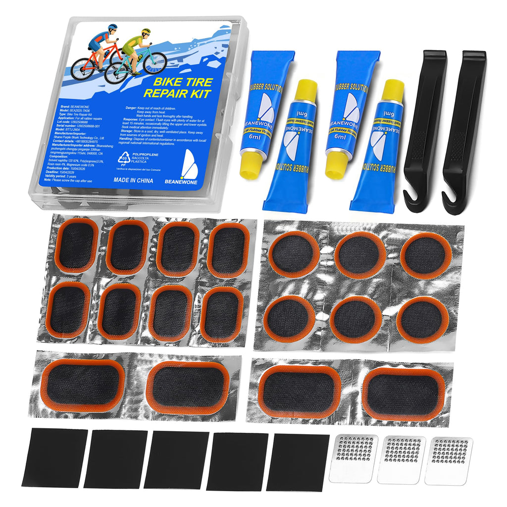 Beanewone Bike Tire Repair Kit, Bicycle Inner Tube Patch Kit with 4 PCS Tire Repair Glue, 18 PCS Tube Patches & 2 PCS Tire Levers – Portable Case for Bicycle & Inflatable Tubes (Upgrade Suit)