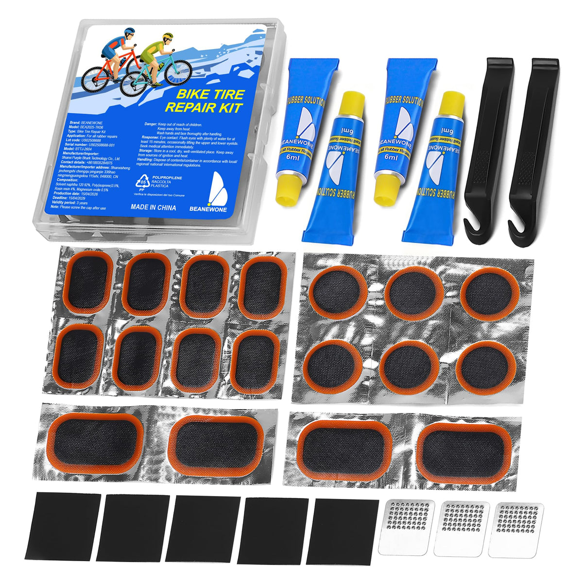 Beanewone Bike Tire Repair Kit, Bicycle Inner Tube Patch Kit with 4 PCS Tire Repair Glue, 18 PCS Tube Patches & 2 PCS Tire Levers – Portable Case for Bicycle & Inflatable Tubes (Upgrade Suit)